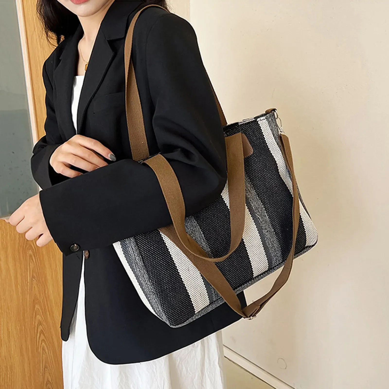 Black Canvas Striped Shoulder Tote Bag (4-Pack)